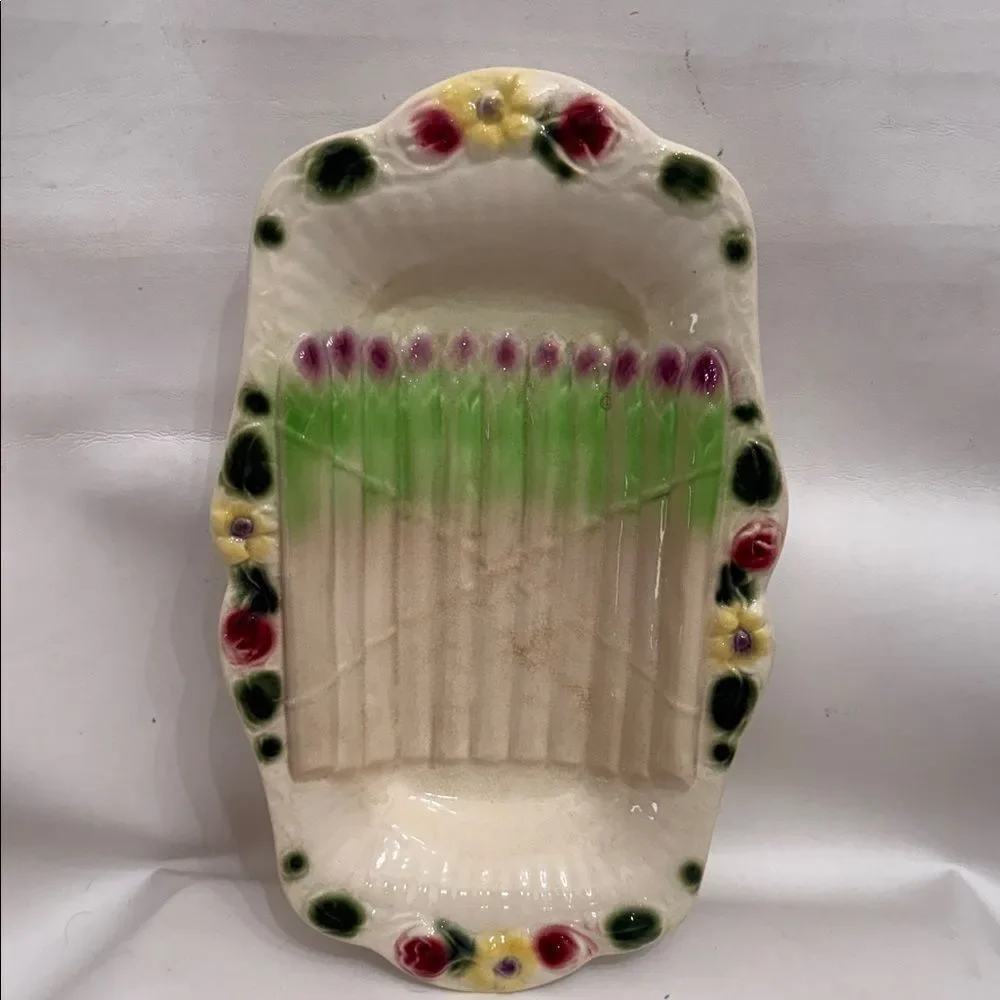 Reserve Sarrequemines France Majolica Floral Ceramic Asparagus Serving Platter